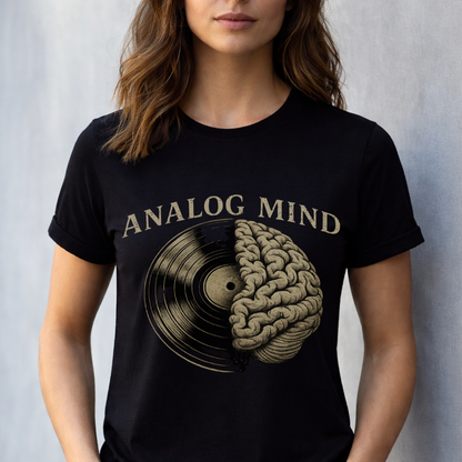Person wearing a black t-shirt with 'Analog Mind' design featuring a brain and vinyl record.