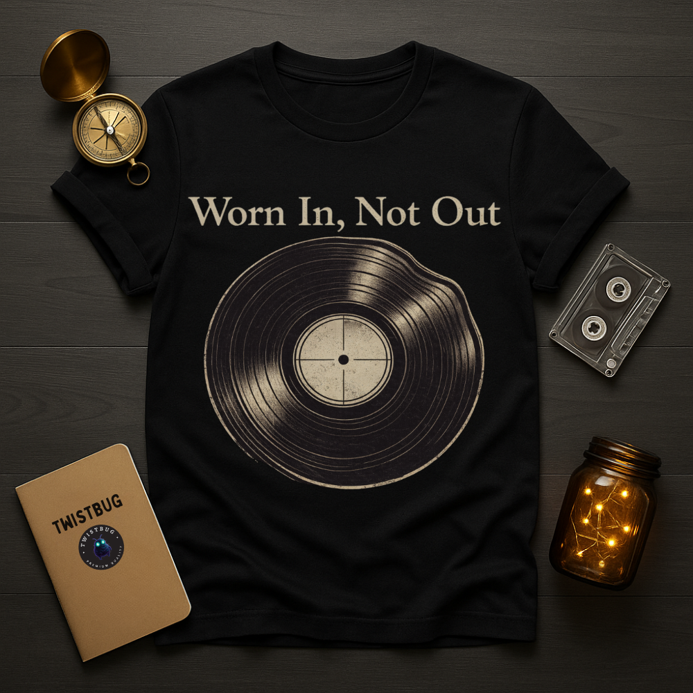 Black t-shirt with vinyl record design and 'Worn In, Not Out' text on a wooden surface with vintage items.