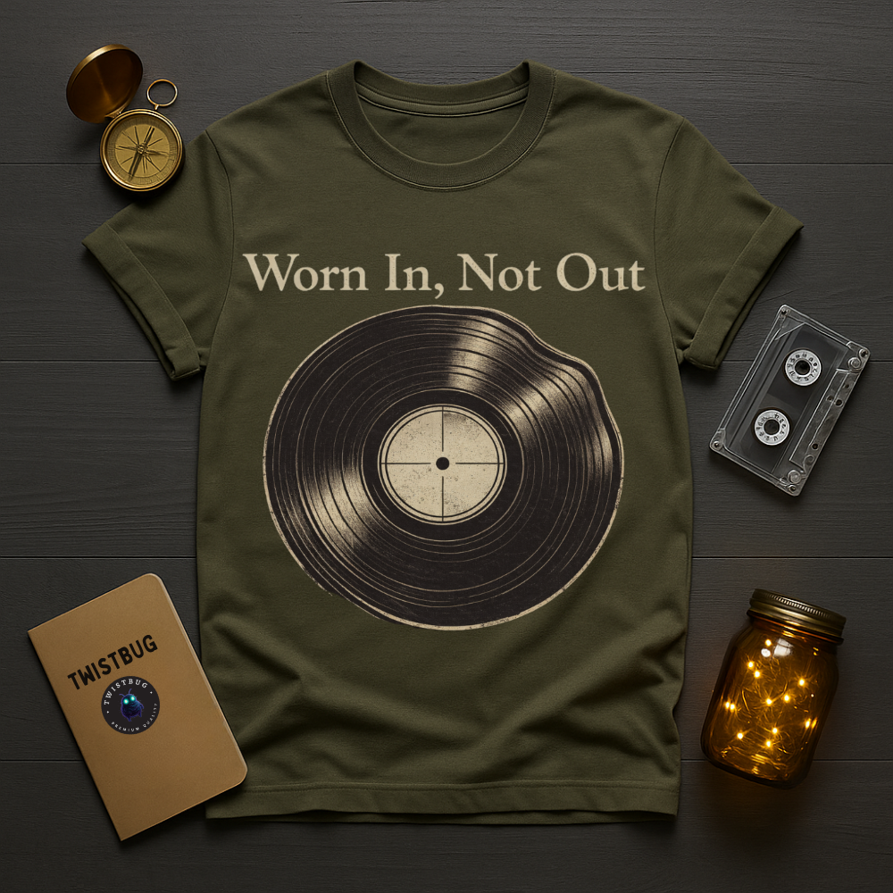 Green t-shirt with vinyl record graphic and 'Worn In, Not Out' text on a wooden surface with vintage items.