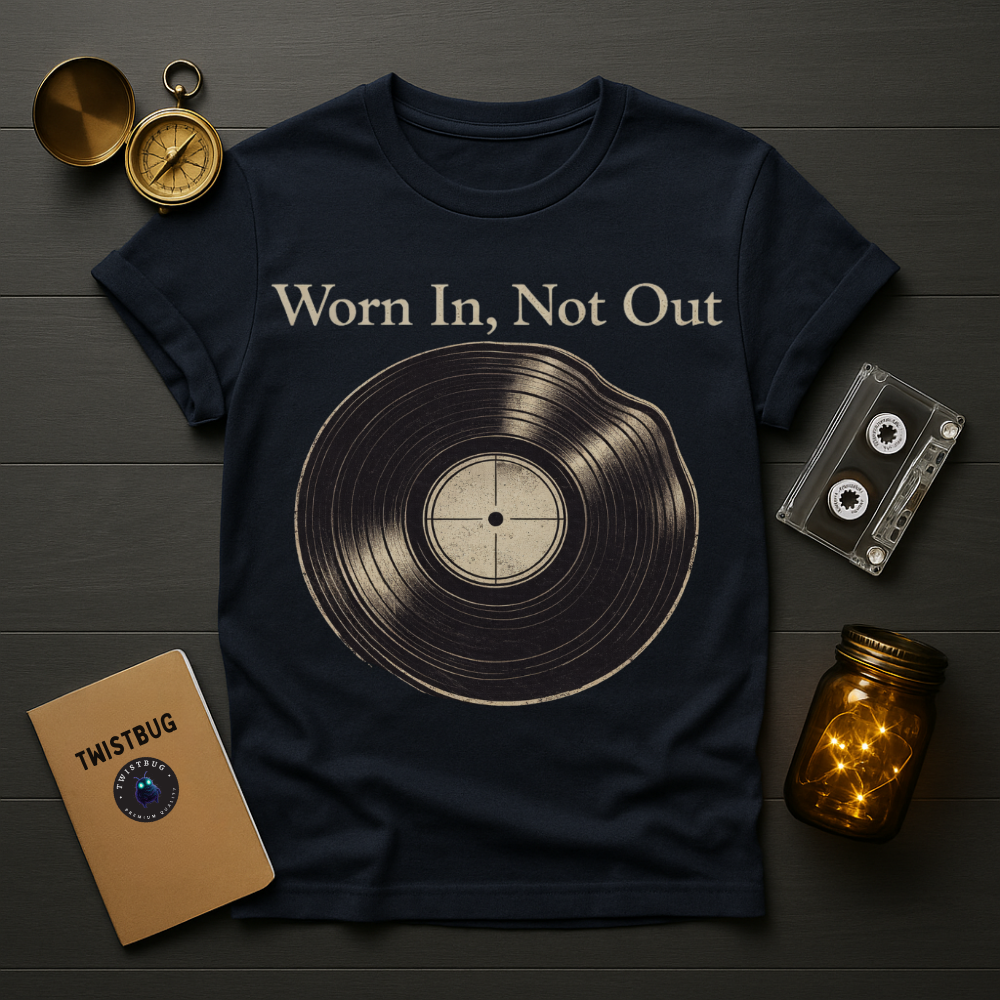 Black t-shirt with vinyl record design and text 'Worn In, Not Out' on a wooden surface with vintage items.