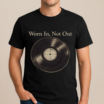 Black t-shirt with vinyl record graphic and 'Worn In, Not Out' text on a beige background