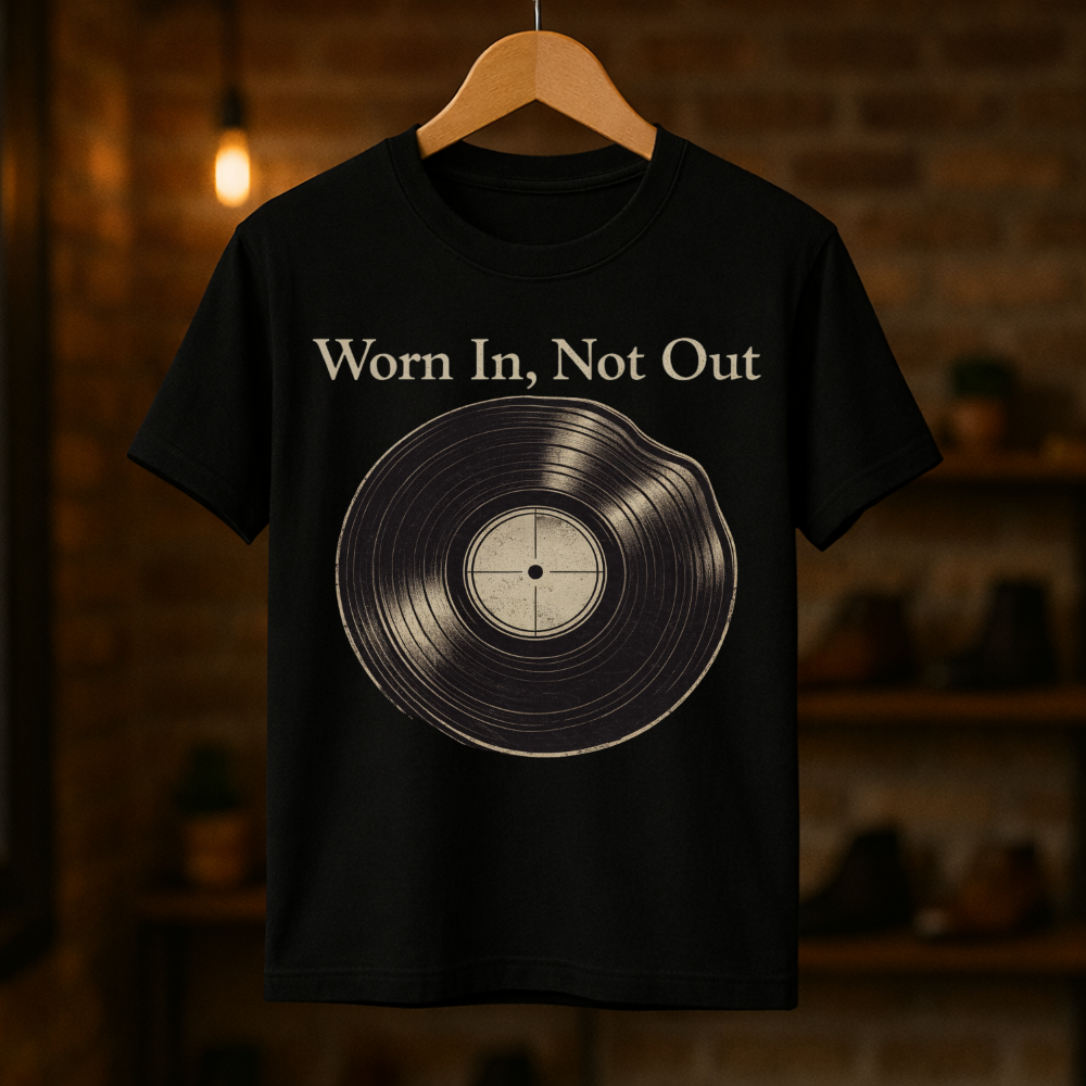 Black t-shirt with vinyl record graphic and 'Worn In, Not Out' text on a wooden hanger against a blurred background.