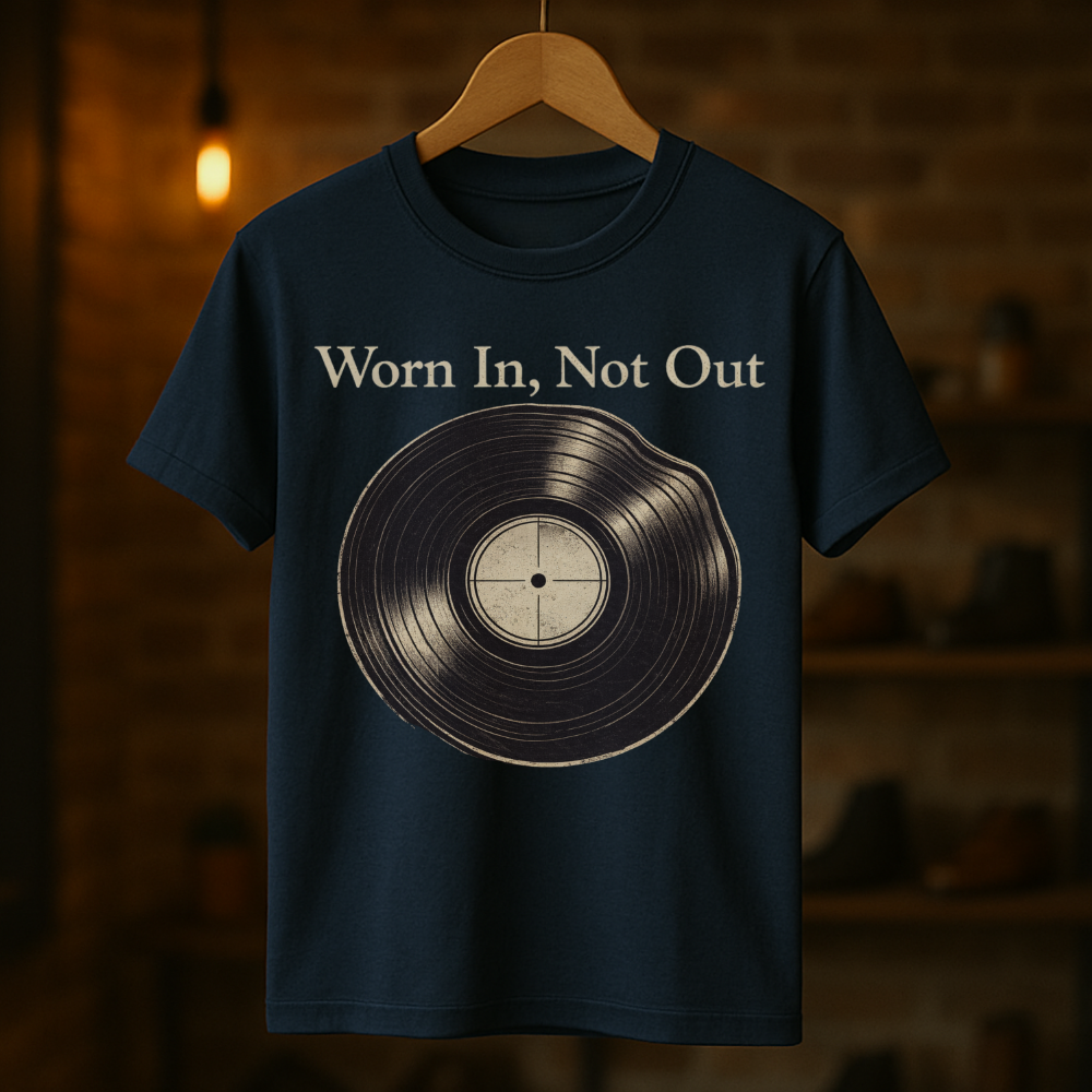 Navy blue t-shirt with vinyl record graphic and 'Worn In, Not Out' text on a wooden hanger against a dark background.