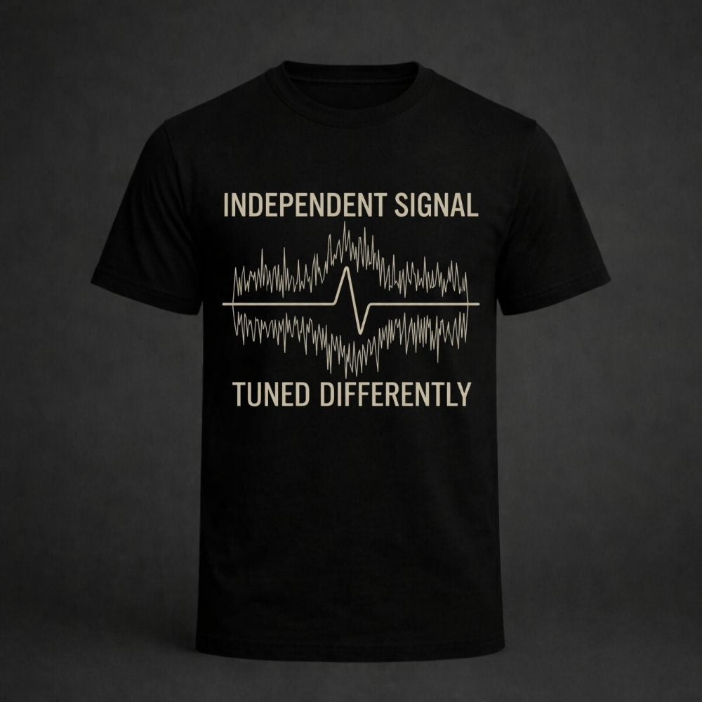 Black t-shirt with white text and design on a dark background