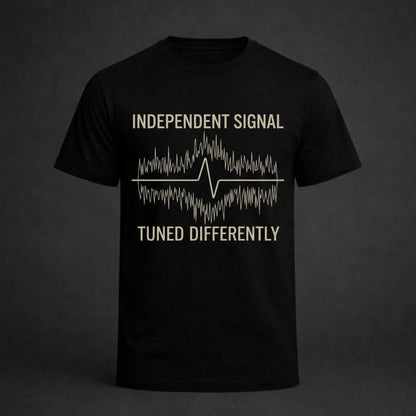 Black t-shirt with white text and design on a dark background