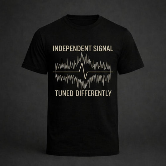 Black t-shirt with white text and design on a dark background