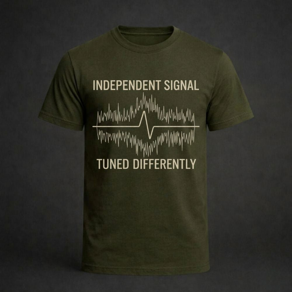 Green t-shirt with white text and design on a dark background