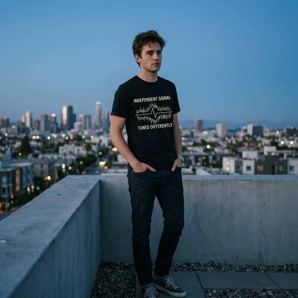 Person wearing a black t-shirt with text on a rooftop at dusk with cityscape in the background