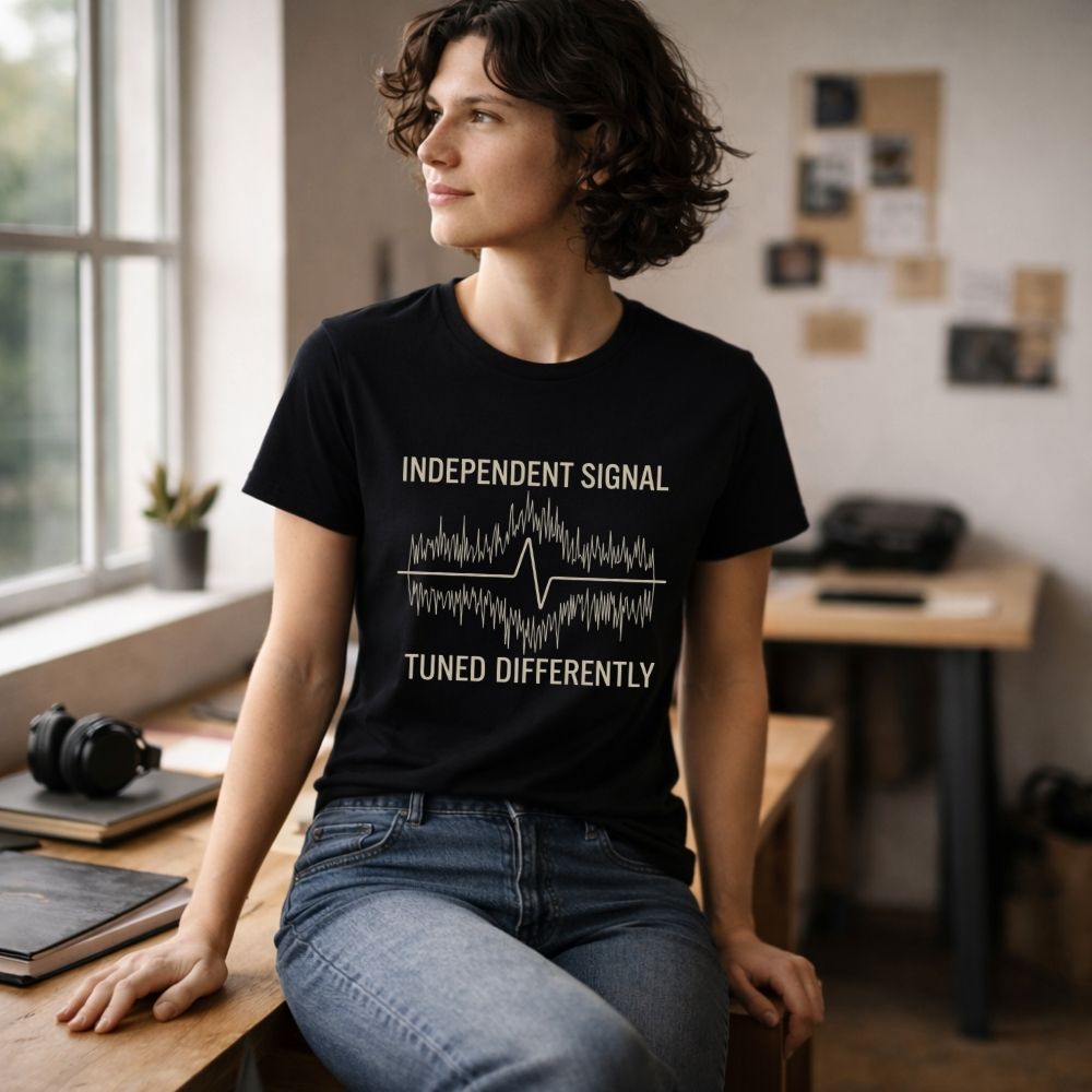 Person wearing a black t-shirt with text in a home office setting