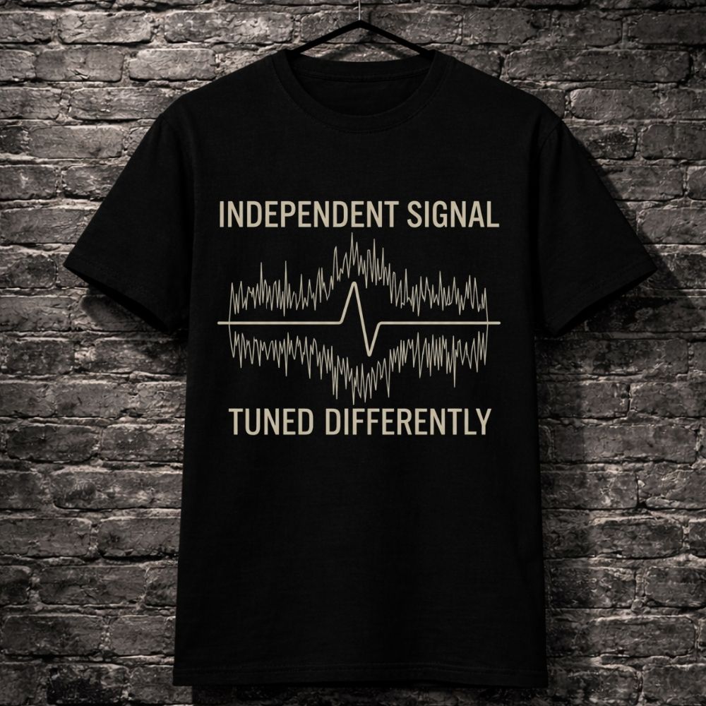 Black t-shirt with white text and graphic on a brick wall background