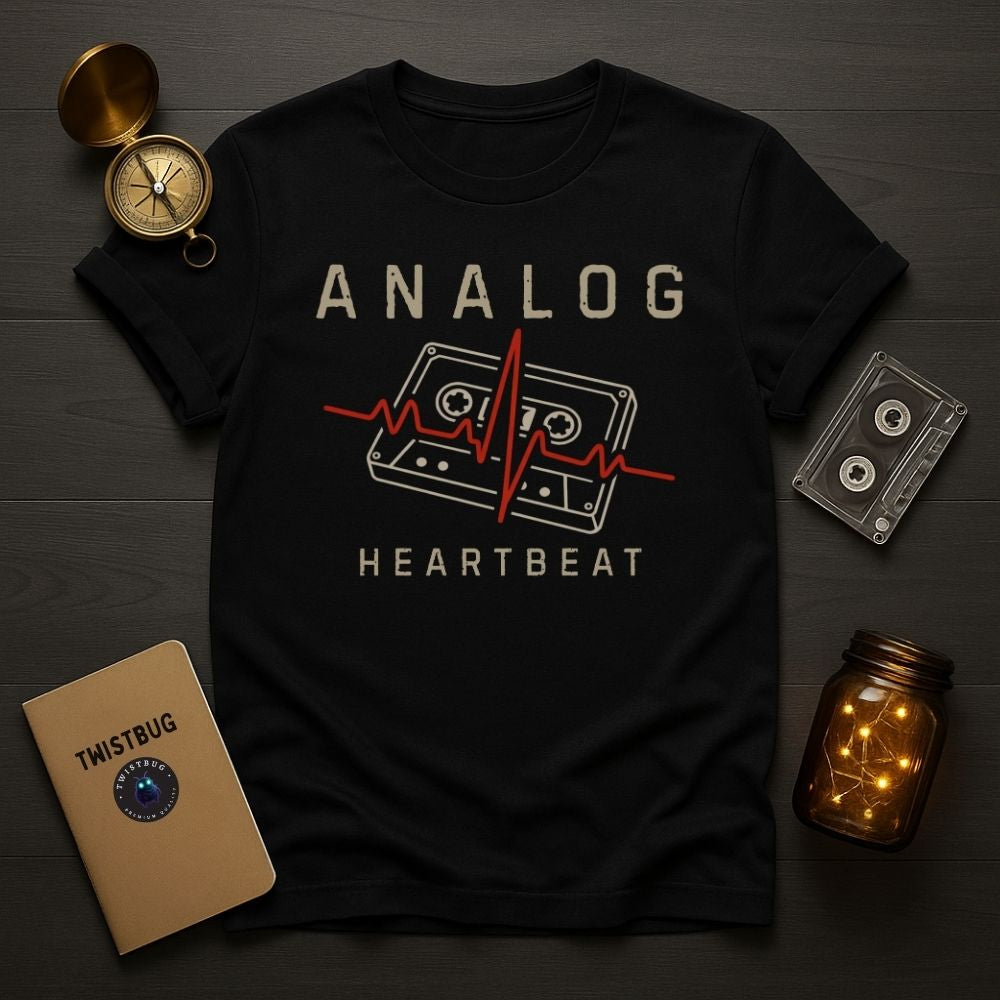 Black t-shirt with 'Analog Heartbeat' design on a wooden surface with vintage items.