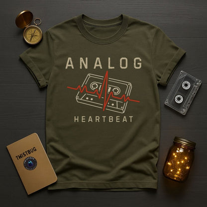 Green t-shirt with 'Analog Heartbeat' design on a wooden surface with vintage items.