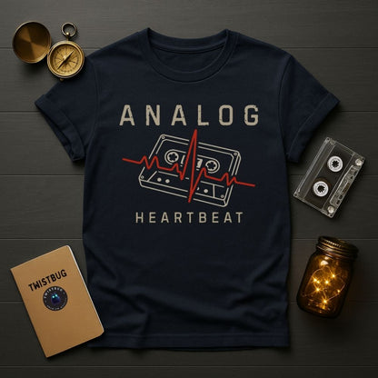 Navy blue t-shirt with 'Analog Heartbeat' design on a wooden surface with vintage items.