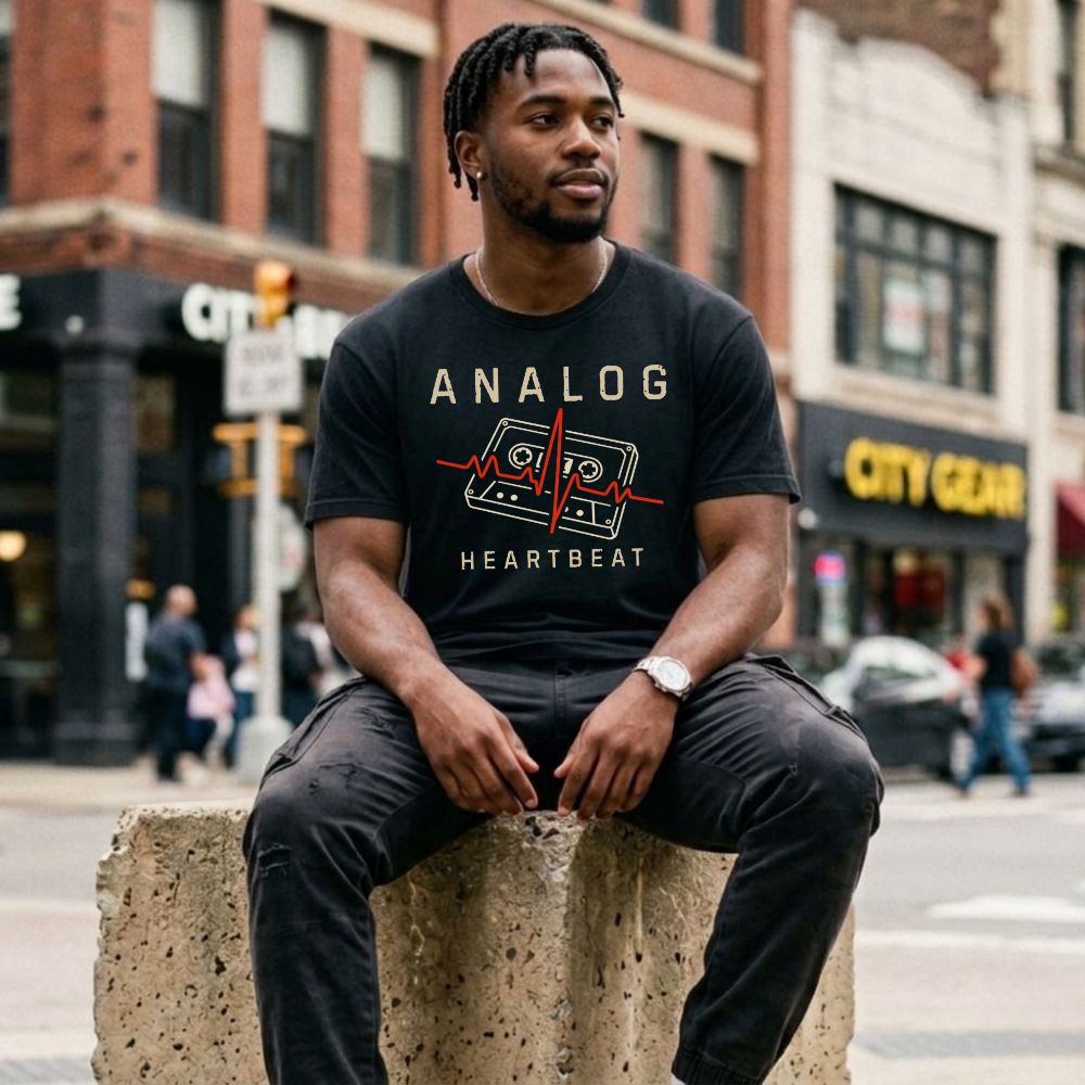 Man wearing a black t-shirt with 'Analog Heartbeat' design sitting on a concrete block in an urban setting.