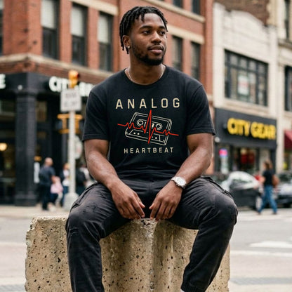 Man wearing a black t-shirt with 'Analog Heartbeat' design sitting on a concrete block in an urban setting.