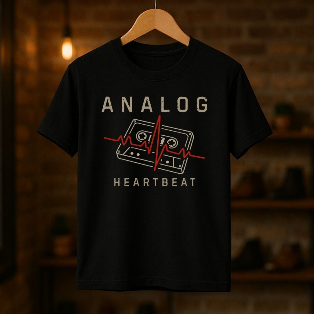 Black t-shirt with 'Analog Heartbeat' design on a wooden hanger against a dark background
