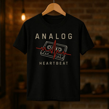 Black t-shirt with 'Analog Heartbeat' design on a wooden hanger against a dark background