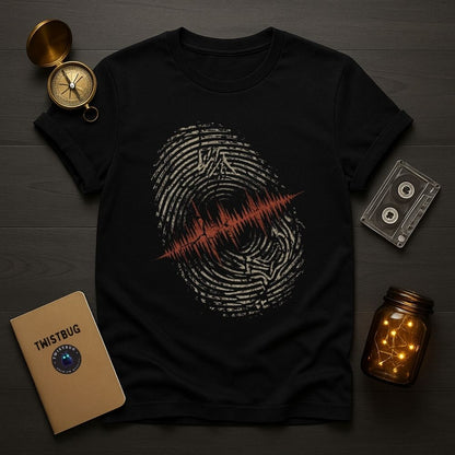 Black t-shirt with fingerprint design on a wooden surface with a compass, cassette tape, and jar.