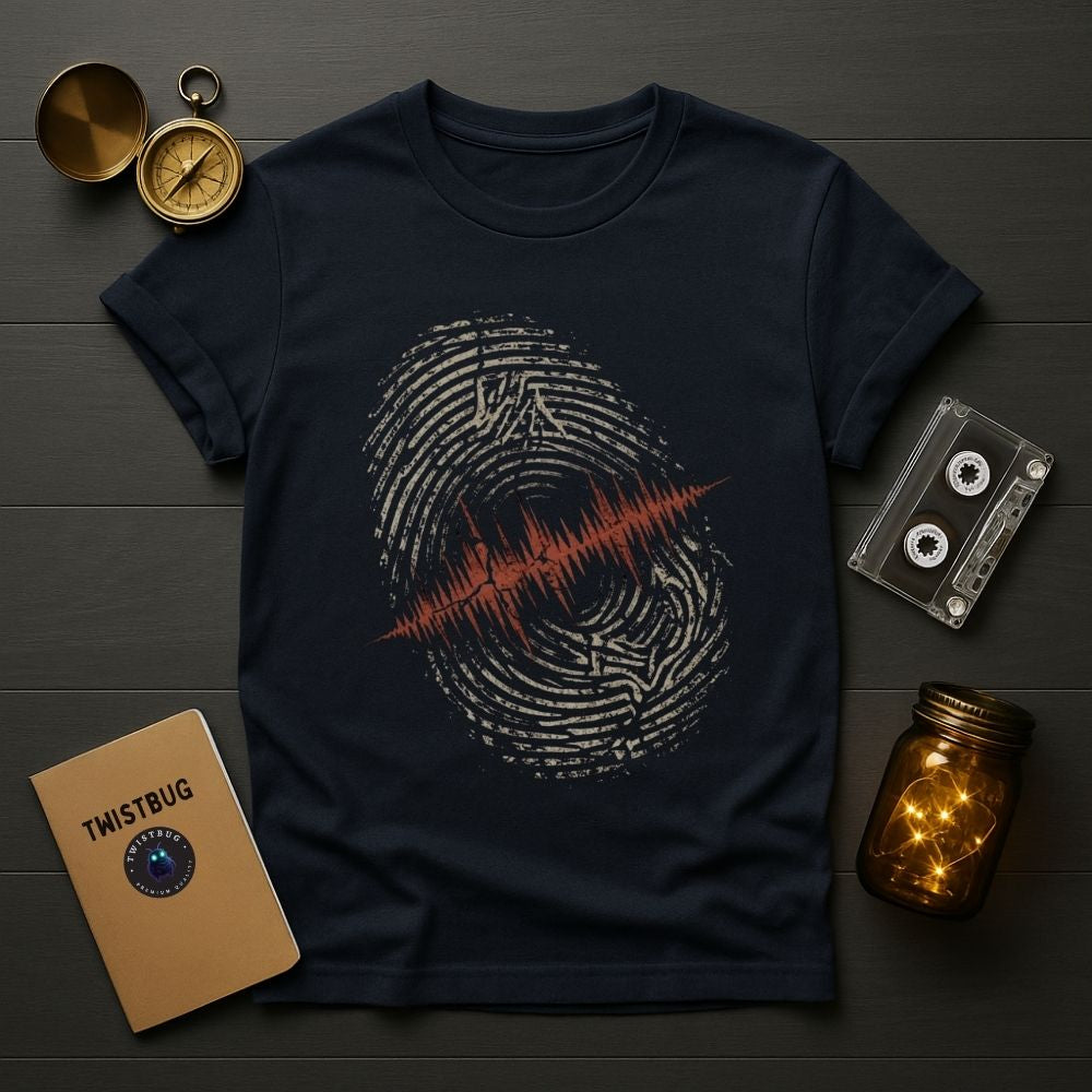 Navy blue t-shirt with a unique design on a wooden surface with vintage items.