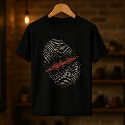 Black t-shirt with a unique design on a wooden hanger against a blurred background