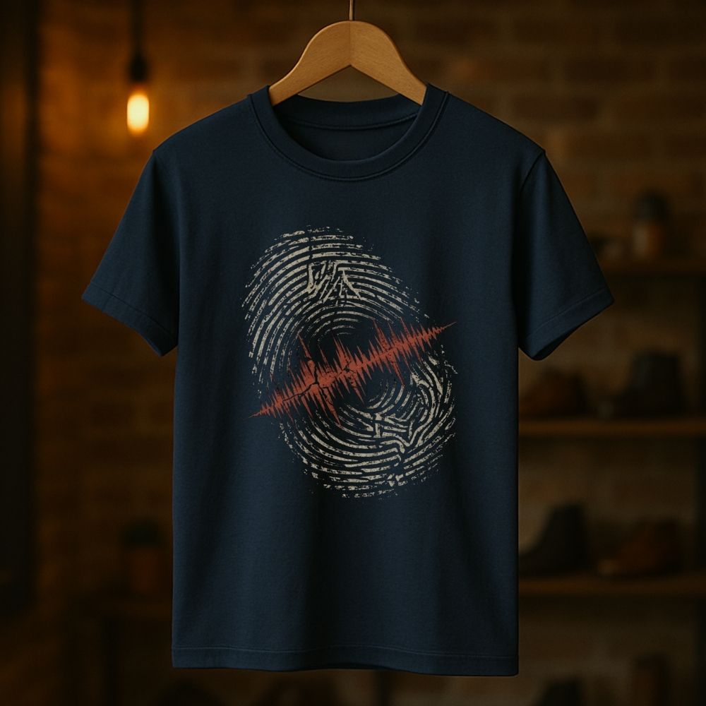 Navy blue t-shirt with fingerprint design on a wooden hanger against a dark background
