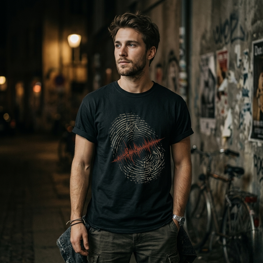 Man wearing a black t-shirt with a graphic design, standing in an alleyway with bicycles and posters.