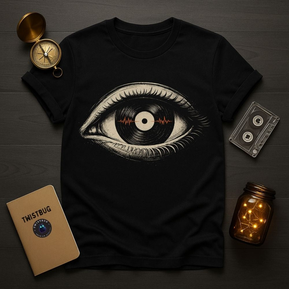 Black t-shirt with eye design, compass, cassette tape, notebook, and jar on a wooden surface