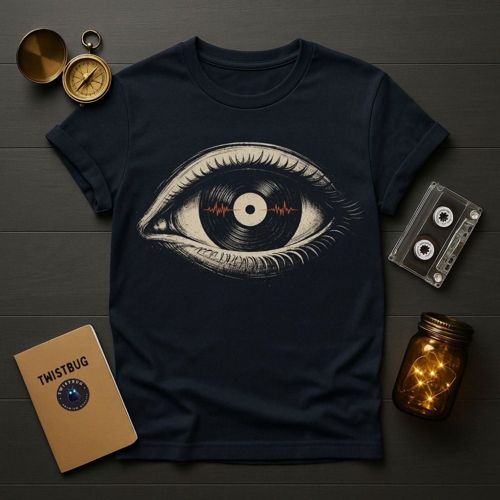 Navy blue t-shirt with eye design on a wooden surface with vintage items.