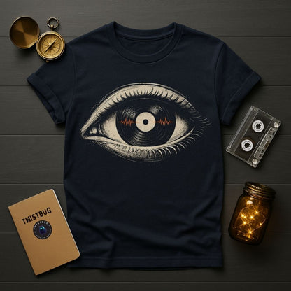 Navy blue t-shirt with eye design on a wooden surface with vintage items.