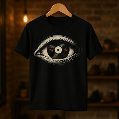 Black t-shirt with eye design featuring a vinyl record on a wooden hanger against a dark background.