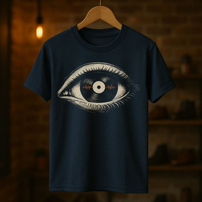 Navy blue t-shirt with eye design on a wooden hanger against a dark background