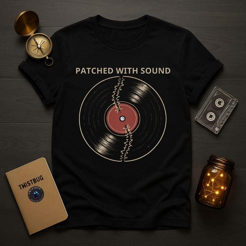 Black t-shirt with vinyl record design and text 'Patched with Sound' on a wooden surface with vintage items.