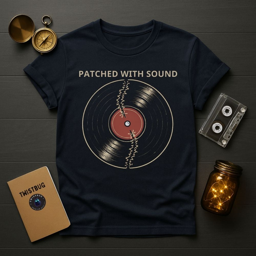 Navy blue t-shirt with vinyl record graphic and 'Patched with Sound' text on a wooden surface with vintage items.