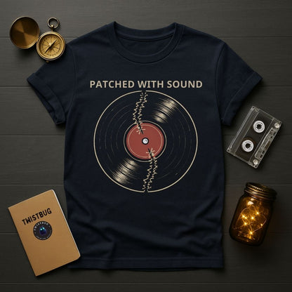 Navy blue t-shirt with vinyl record graphic and 'Patched with Sound' text on a wooden surface with vintage items.