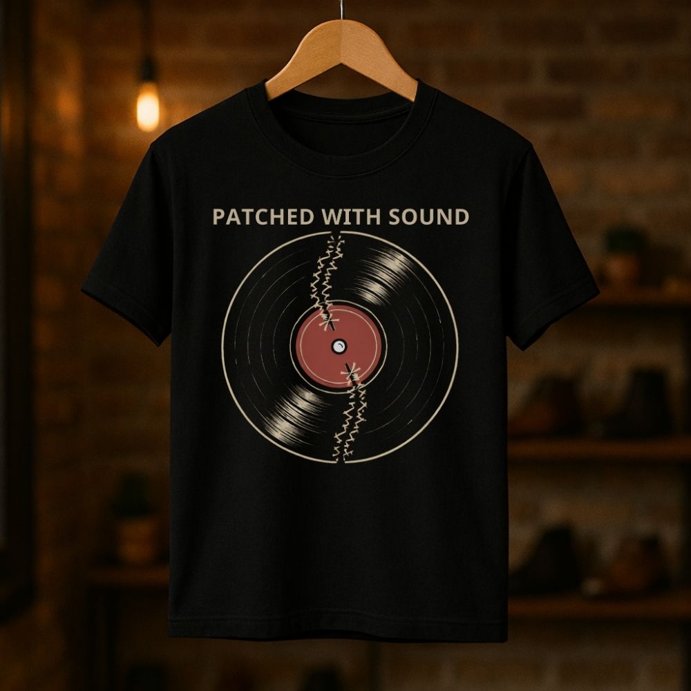 Black t-shirt with vinyl record design and 'Patched with Sound' text on a wooden hanger against a brick wall.