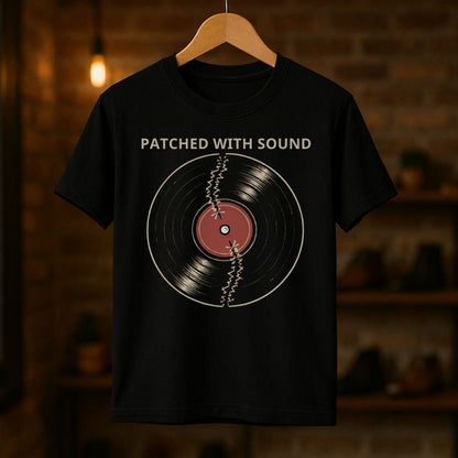 Black t-shirt with vinyl record design and 'Patched with Sound' text on a wooden hanger against a brick wall.