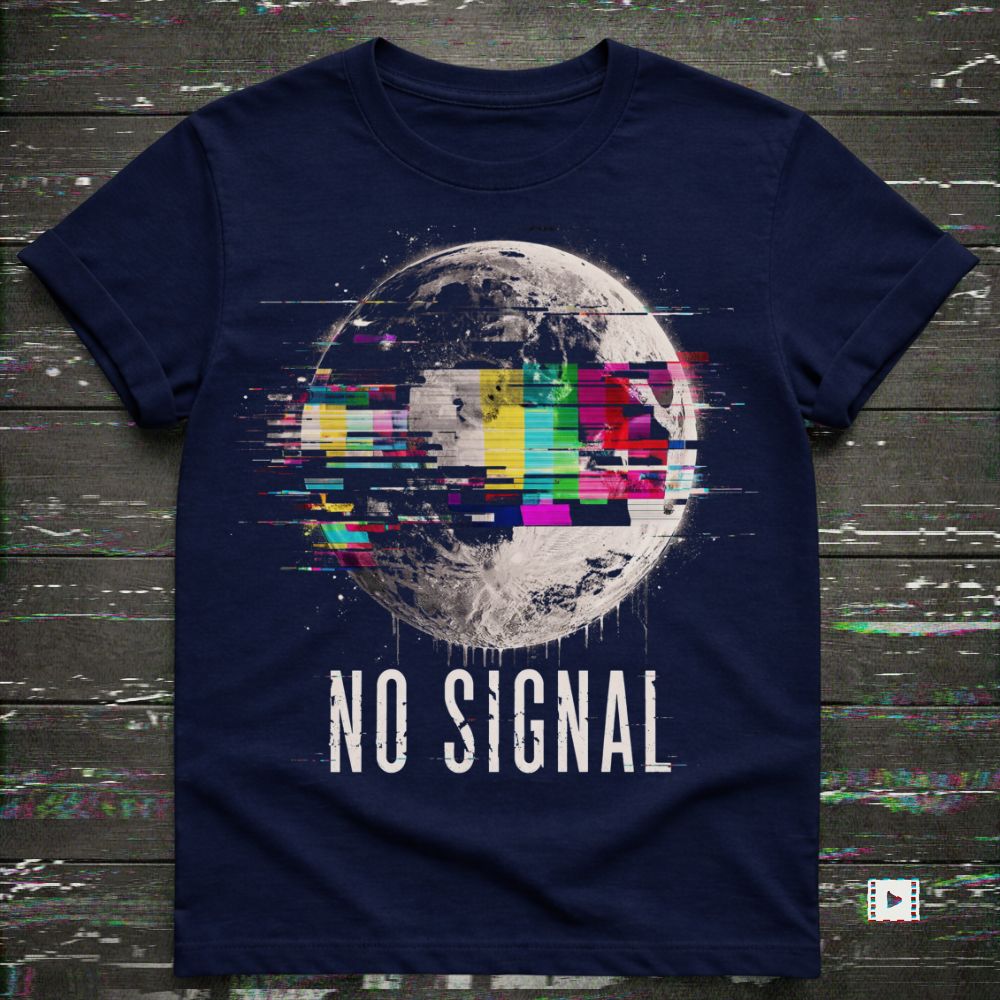 Navy blue t-shirt with 'No Signal' graphic design on a textured dark background