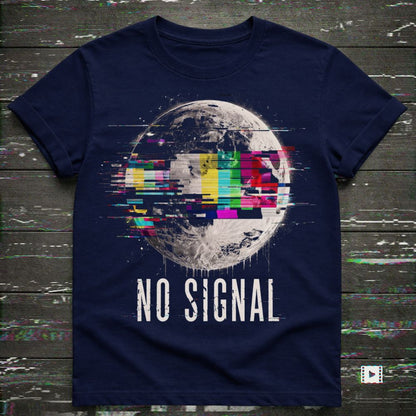 Navy blue t-shirt with 'No Signal' graphic design on a textured dark background