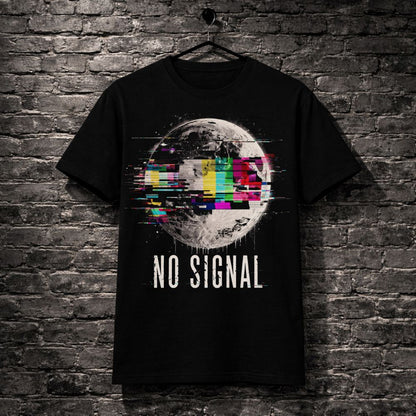 Black t-shirt with 'No Signal' design on a brick wall background