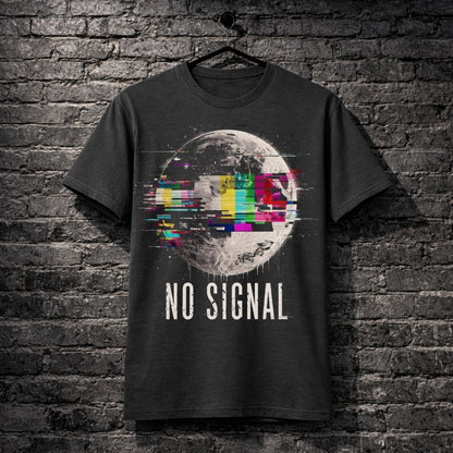 T-shirt with 'No Signal' design on a brick wall background