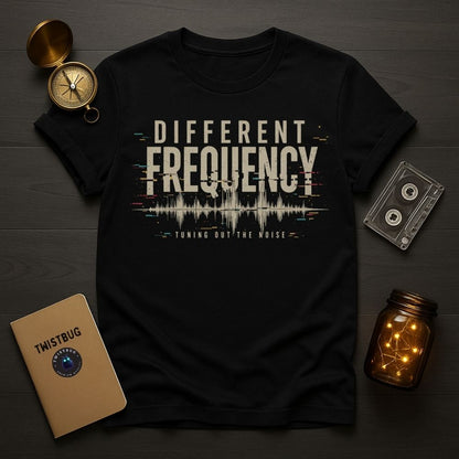 Black t-shirt with 'Different Frequency' design on a wooden surface with decorative items.