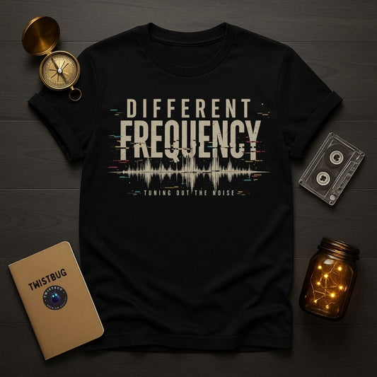 Black t-shirt with 'Different Frequency' design on a wooden surface with decorative items.