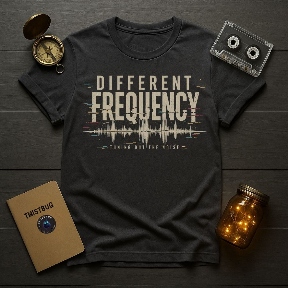 Black t-shirt with 'Different Frequency' design on a wooden surface with a notebook, compass, and jar.