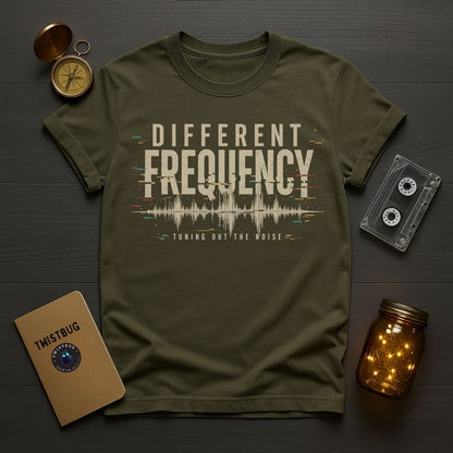 Green t-shirt with 'Different Frequency' design on a wooden surface with vintage items.