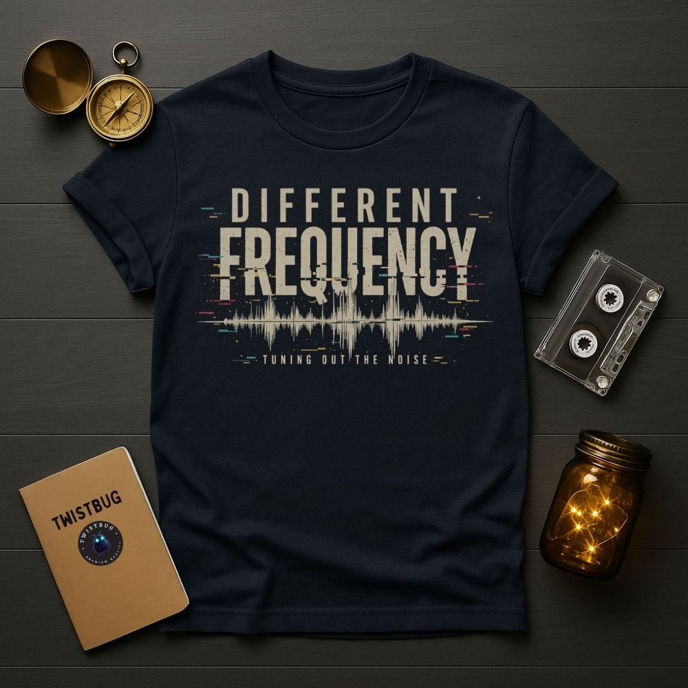 Navy blue t-shirt with 'Different Frequency' design on a wooden surface with vintage items.