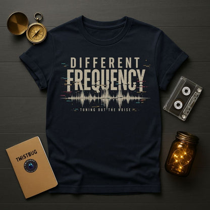 Navy blue t-shirt with 'Different Frequency' design on a wooden surface with vintage items.