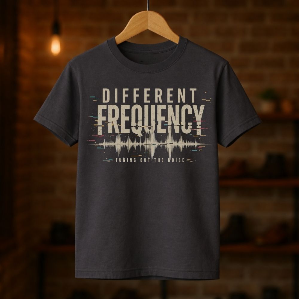 Black t-shirt with 'Different Frequency' design on a wooden hanger against a brick wall background