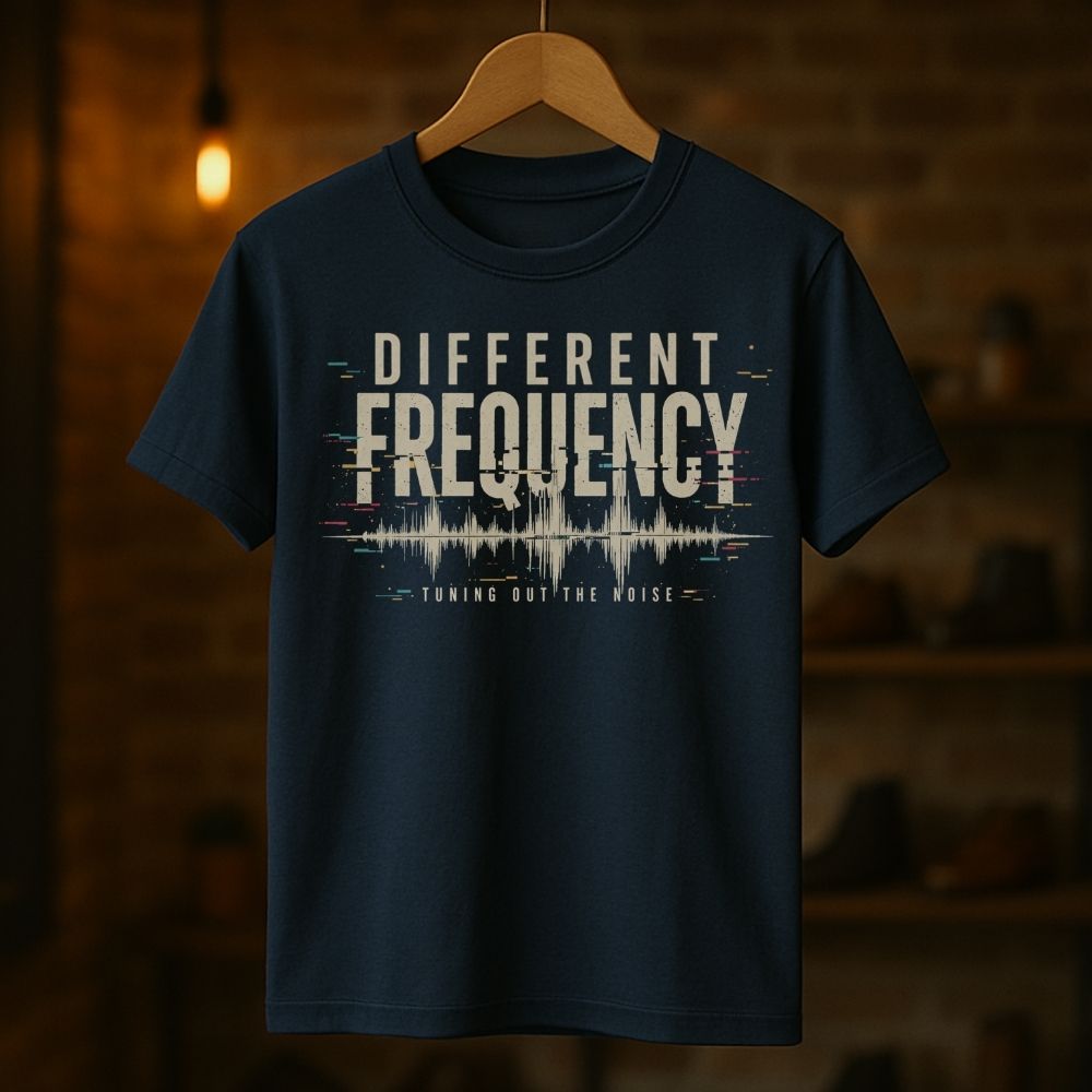 Navy blue t-shirt with 'Different Frequency' design on a wooden hanger against a dark background