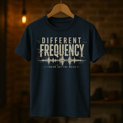 Navy blue t-shirt with 'Different Frequency' design on a wooden hanger against a dark background