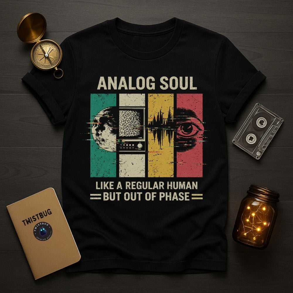 Black t-shirt with 'Analog Soul' design on a wooden surface with vintage items.